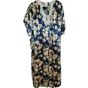 Vtg Barbizon Kaftan Blue Floral Lace Grandmacore Nightgown XXL Maxi Mumu